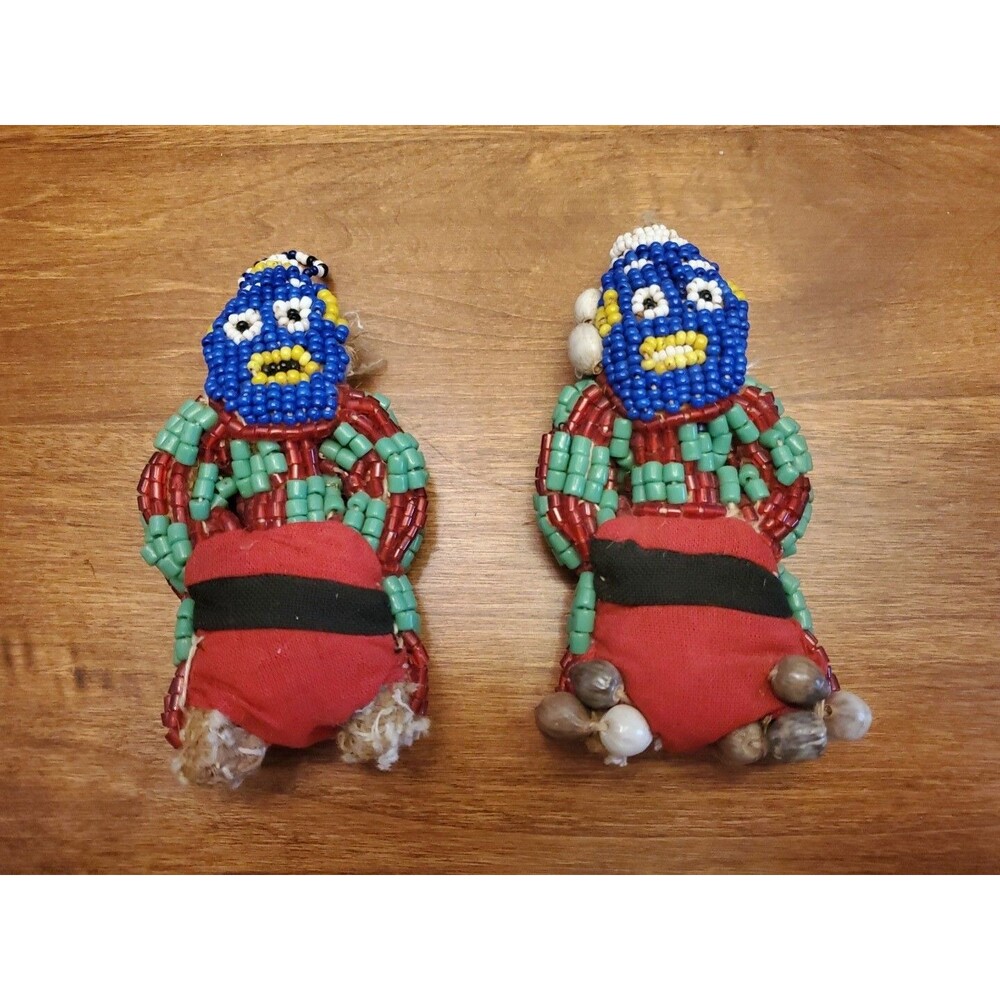 2 VTG African Bamileke Cameroon Ethnic Fertility Beaded Doll Handmade Original